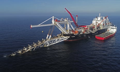 A ship works in the Baltic Sea on the natural gas pipeline Nord Stream 2 from Russia to Germany.