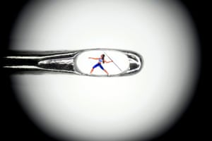 A micro-sculpture in the eye of a needle by Willard Wigan entitled ‘Point of glory’ produced in tribute to the Commonwealth Games heptathlete champion Katarina Johnson-Thompson.