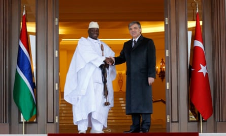 The then Turkish president, Abdullah Gül, and President Yahya Jammeh shake hands in Ankara in 2014.