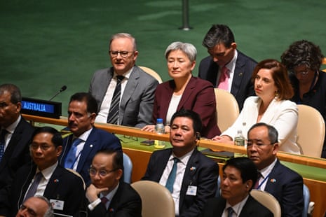 (L-R) Australian PM Anthony Albanese, foreign affairs minister Penny Wong and communications minister Anika Wells attend the general debate of the 80th session of the United Nations general assembly in New York.