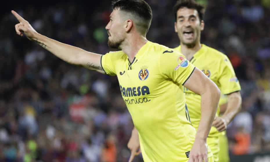 Villarreal's Moi Gomez celebrates after making it 2-0 at Barcelona.