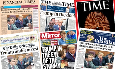 Donald Trump’s not guilty plea received wall-to-wall coverage across TV, newspapers and online. Image shows Times, Financial Times, Time magazine, Daily Telegraph, Mirror and Guardian front pages with Trump on each of them.