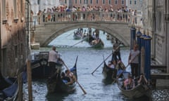 Gondolas by the Sospiri Bridge, near St Mark’s Square, Venice, on 2 August 2023.