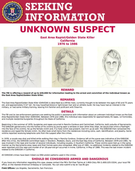 The FBI Golden State Killer wanted poster, issued in 2016 with a $50,000 reward for information on the unknown suspect
