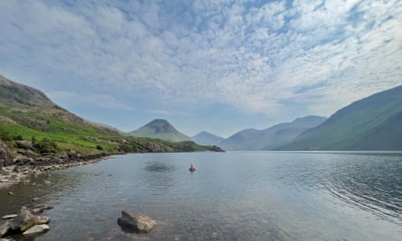 Swimming in Wastwater, with Great Gable at the far end of the lake.