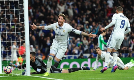 Sergio Ramos of Real Madrid celebrates after scoring the late winning goal against Real Betis.