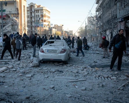 A street covered with debris and dust