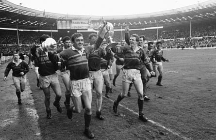 Leeds players celebrate with the Challenge Cup in May 1968.