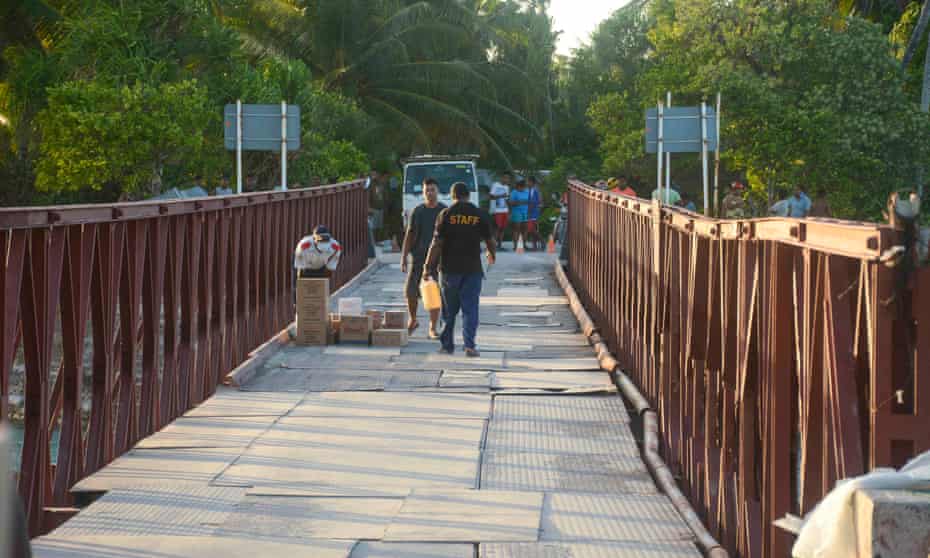 The entry bridge into the home village of the Kiribati quarantine centre security guard is sealed off.