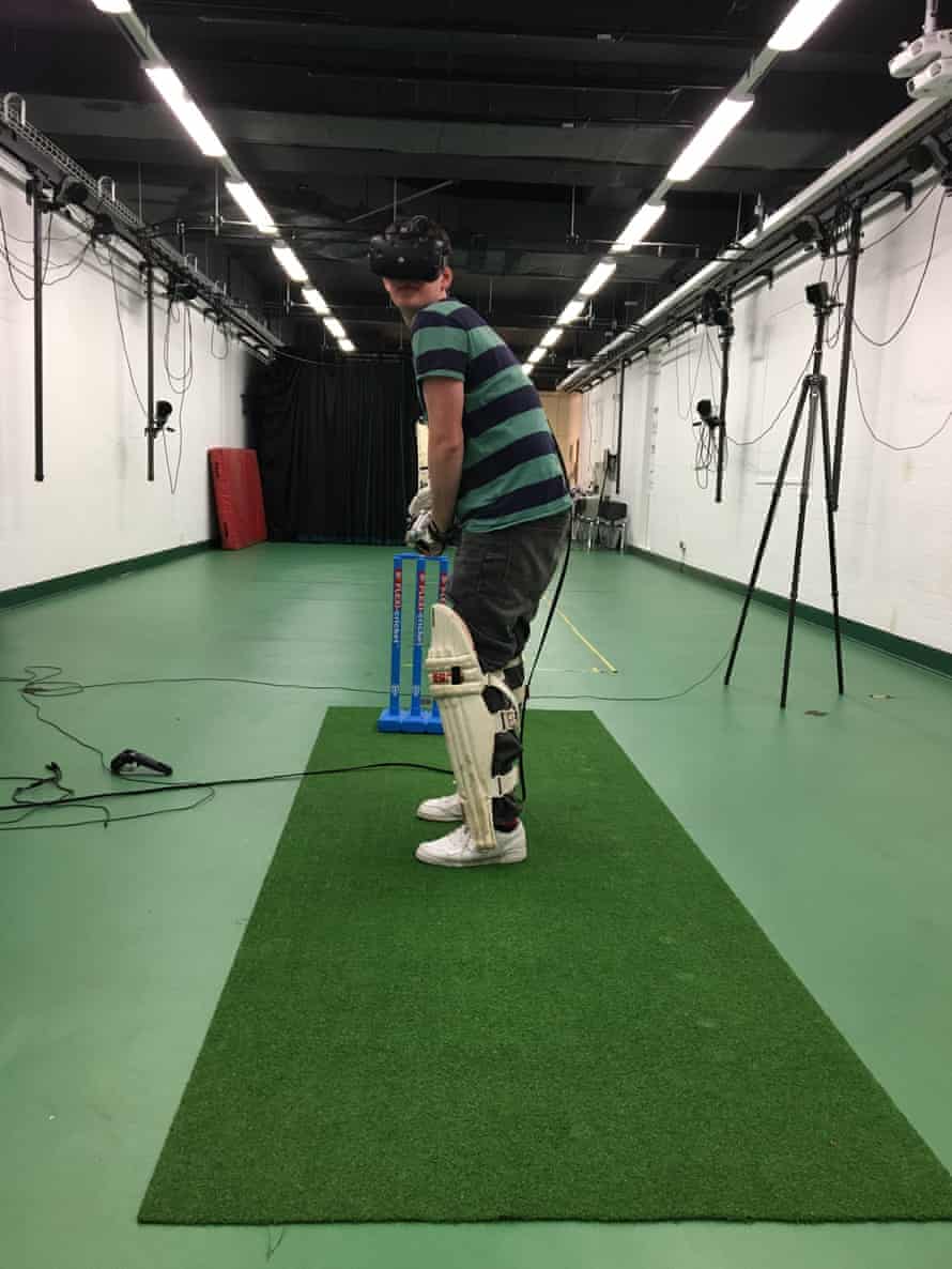 Tim Wigmore bats while wearing a virtual reality headset.