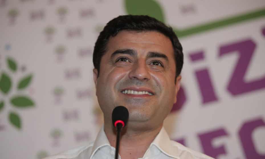 Selahattin Demirtas, co-chair of the pro-Kurdish Peoples’ Democratic Party, smiles after his party’s breakthrough in Sunday’s elections. 