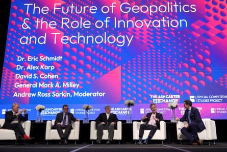 five men seated on stage under screen that says ‘the future of geopolitics and the role of innovation and technology’