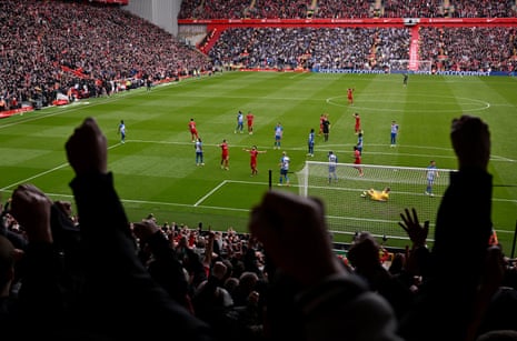 31 March 2024Mohamed Salah celebrates scoring Liverpool’s second goal against Brighton at Anfield. Liverpool won 2-1.