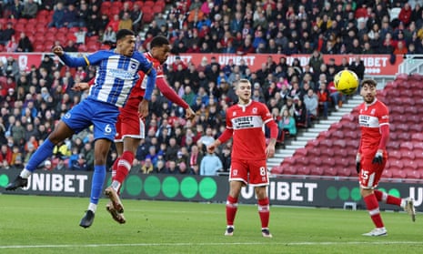 Chuba Akpom (second left) beats Brighton’s Levi Colwill in the air and heads home Boro’s equaliser.