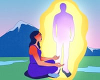An illustration of a woman meditating and a halo-y figure of a man in the background.