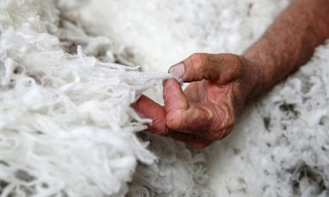 A farmer inspects newly sheared wool in Australia