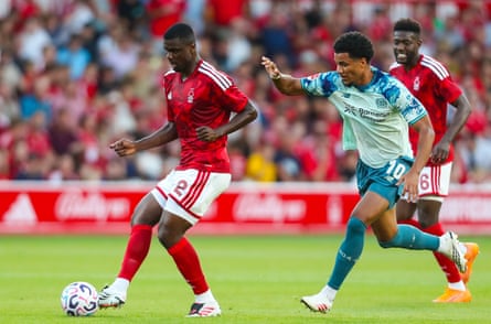 Ousmane Diomande of Nottingham Forest in action during a friendly against Bayer Leverkusen.