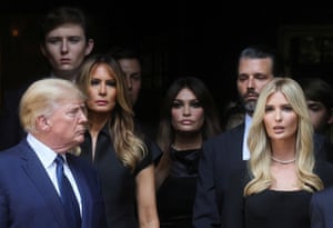 Donald Trump, his wife Melania, Kimberly Guilfoyle, his sons Barron and Donald Jr and his daughter Ivanka leave St Vincent Ferrer Church during the funeral of Ivana Trump, socialite and Trump’s first wife, in New York City