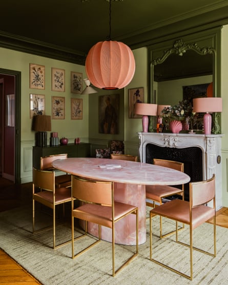 The dining room, with pink-onyx marble table by Les Causeaus, Tiphaine’s own interiors brand.