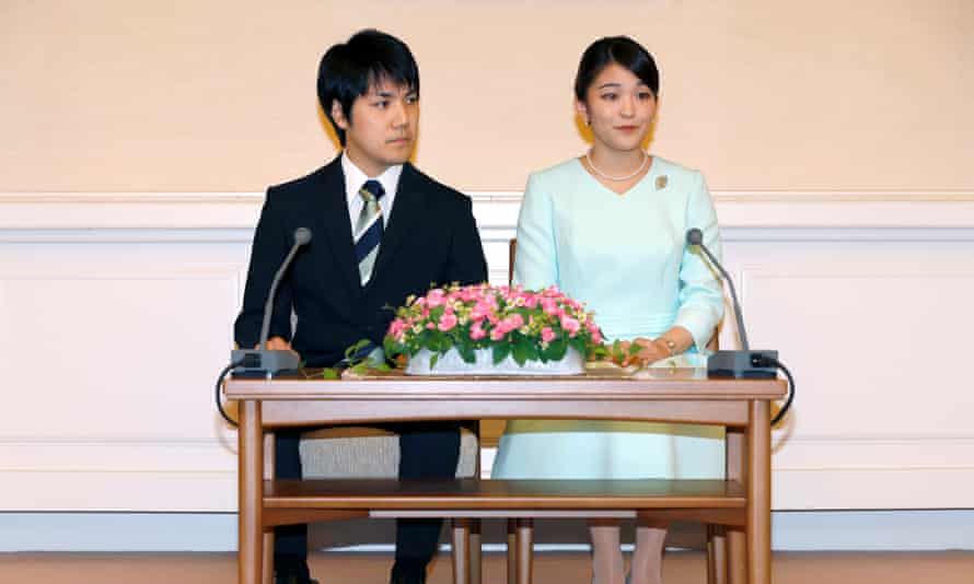 Then-princess Mako and Kei Komuro speak to the media in Tokyo in September to announce their engagement