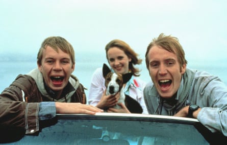 Evans awith her Twin Town co-stars, brothers Llyr (left) and Rhys Ifans, 1997