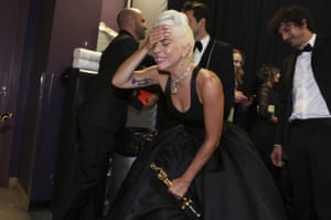 Hollywood, US Lady Gaga reacts after being awarded the Oscar for Best Original Song