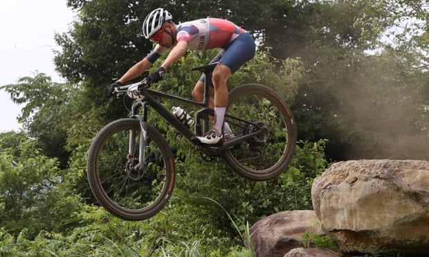 Tom Pidcock of Great Britain on his way to winning gold in the men’s Olympics cross-country mountain bike race. 