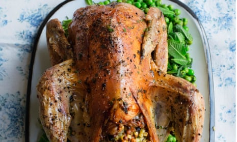 Sunday best: roast guinea fowl, fregola stuffing and peas with lemon and mint.