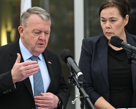 Denmark's foreign minister Lars Løkke Rasmussen and Greenland's foreign minister Vivian Motzfeldt speak at a news conference at the embassy of Denmark in Washington.