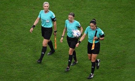 Stéphanie Frappart (centre), Neuza Back (L) and Karen Díaz (right) during the 2022 Fifa World Cup match between Costa Rica and Germany at Al Bayt Stadium Qatar