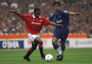 Chelsea’s Gavin Peacock goes up against Manchester United’s Paul Parker in the 1994 FA Cup final – Chelsea’s kit that day bore the logo of a sponsor that went out of business weeks before.