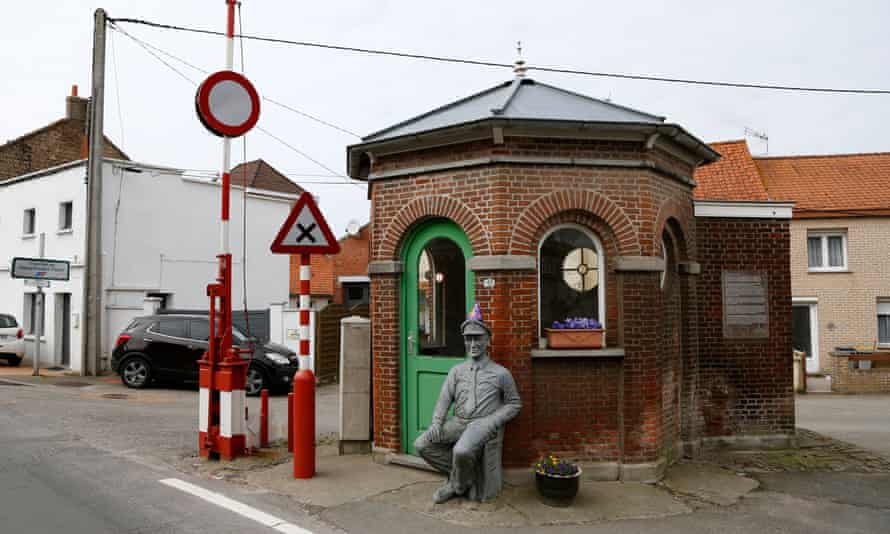 An old custom post on the border between Belgium and France in Alveringem, Belgium.