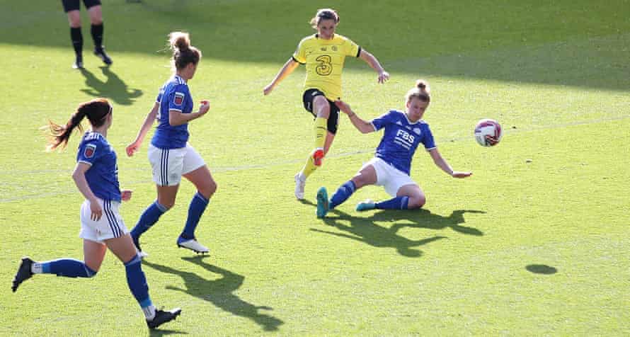 Jessie Fleming scores Chelsea’s ninth and final goal in their dominant WSL win over Leicester in March.