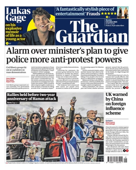 Guardian front page, Monday 6 October 2025