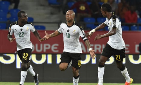 André Ayew, centre, celebrates scoring Ghana’s winning goal against Democratic Republic of Congo.
