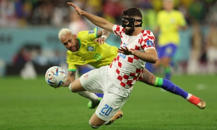 Josko Gvardiol beats Neymar to the ball during another impressive display in the World Cup quarter-final.