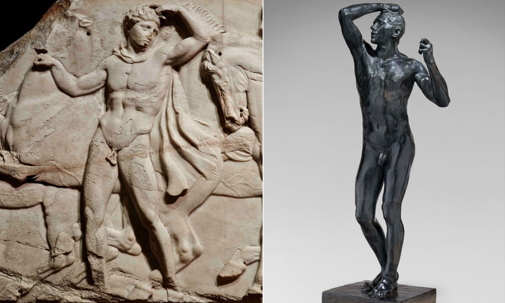 Translated from the Greek… A youth preparing for the cavalcade, left, from the north frieze of the Parthenon, c438-432BC. Right: The Age of Bronze, 1877 by Rodin. © Musée Rodin 