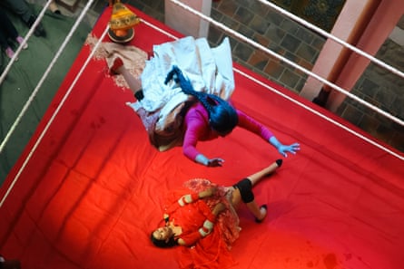 Wrestling cholitas, an expression of indigenous pride, in action in La Paz, Bolivia