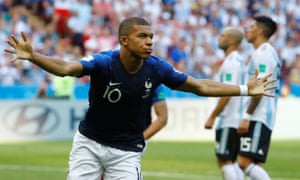 Kylian MbappÃ© celebrates scoring his first goal to put France ahead of Argentina for the second time.