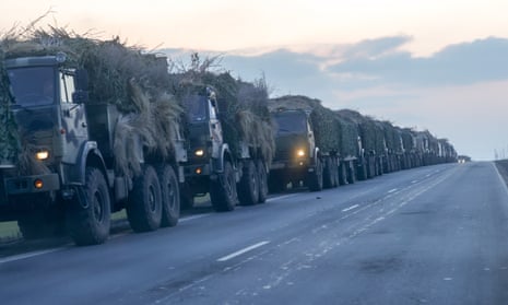A convoy of Russian military vehicles moving towards border in Donbas in ukraine