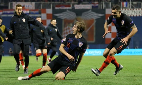 Tin Jedvaj celebrates scoring the winner for Croatia.