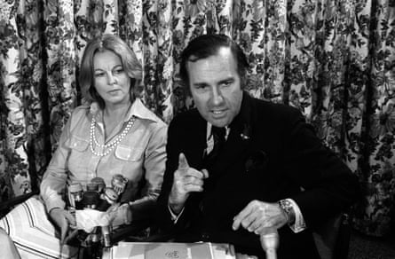 Black and white image of missing British Labour MP, John Stonehouse, who was located in Melbourne, and his wife, Barbara Stonehouse, take part in a press conference, 1974-1975