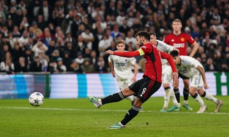 Manchester United’s Bruno Fernandes scores their side’s third goal of the game from the penalty spot.