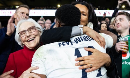 Immanuel Feyi-Waboso gets hugs from family after the Six Nations match between England and Ireland at Twickenham Stadium in London, England on 9 March 2024