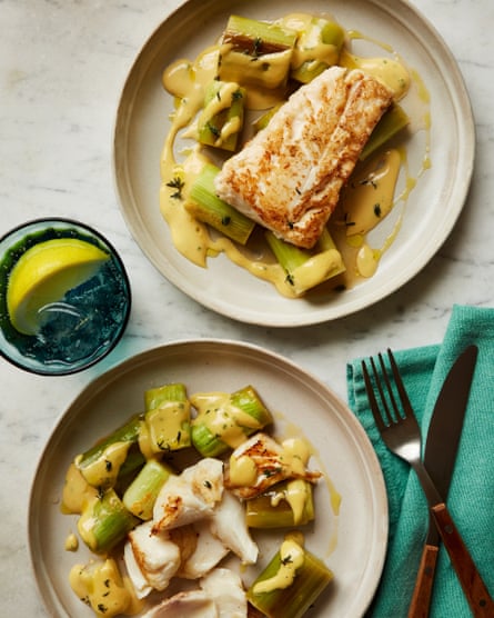 Nathan Outlaw’s grilled haddock with braised leeks and anchoïade sauce.
