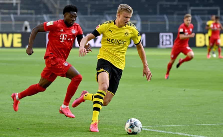 Bayern Munich’s Alphonso Davies (left) and Erling Haaland of Borussia Dortmund, in action here in May 2020, exemplify a faster, more robust, more physical modern football.