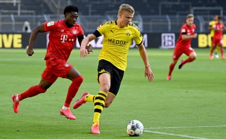 Bayern Munich’s Alphonso Davies (left) and Erling Haaland of Borussia Dortmund, in action here in May 2020, exemplify a faster, more robust, more physical modern football.