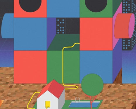 An illustration of a colorful, blocky robot structure representing a large language mode (LLM), towering over a small, white house with a lawn, tree and pool. The small house draws energy from the massive LLM through a power cable. The barren ground around the house is eaten away by a digital pattern. Large data centers line up behind the LLM.