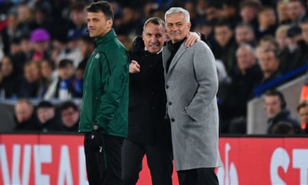 José Mourinho and Brendan Rodgers during Leicester’s 1-1 draw with Roma during the first leg of their Conference League tie.