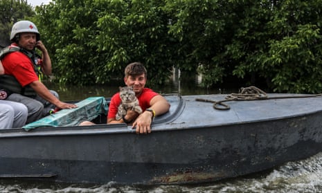 Volunteers rescue animals from flooded houses in Kherson, Ukraine and take them to safety by boat.